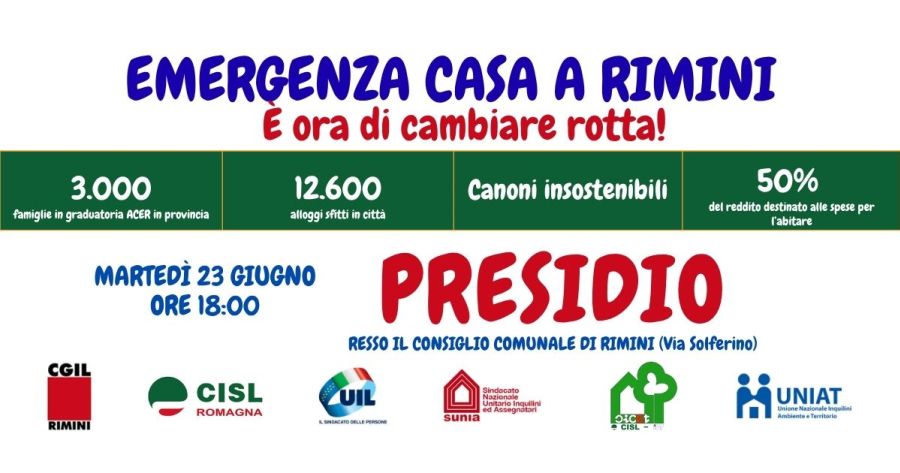 Emergenza casa e stallo del confronto: CGIL, CISL, UIL e Sindacati degli inquilini in presidio il 23 giugno davanti al Consiglio Comunale di Rimini